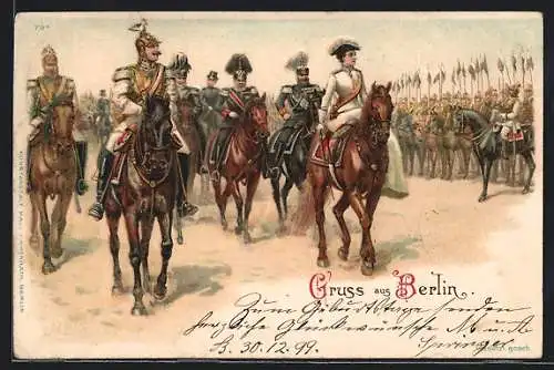 Lithographie Berlin, Kaiser Wilhelm II. und Kaiserin Auguste Victoria Königin von Preussen bei einer Parade
