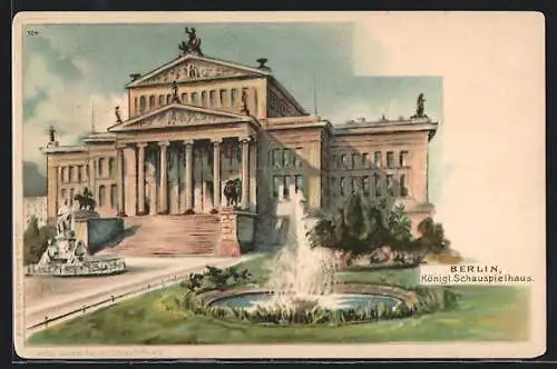 Lithographie Berlin, Springbrunnen vor dem Königl. Schauspielhaus, Gendarmenmarkt