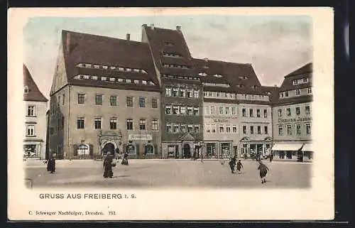 AK Freiberg i. S., Platzpartie mit Rathskeller und Stahl- & Prozellanwaaren-Lager M. Müller