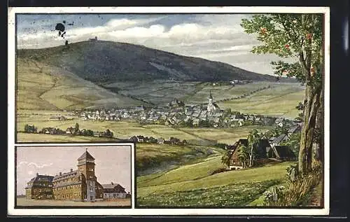 Künstler-AK Oberwiesenthal, Panorama & Fichtelberg