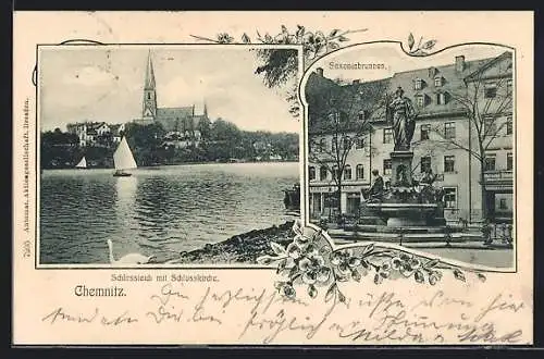 AK Chemnitz, Schlossteich mit Schlosskirche, Saxionabrunnen