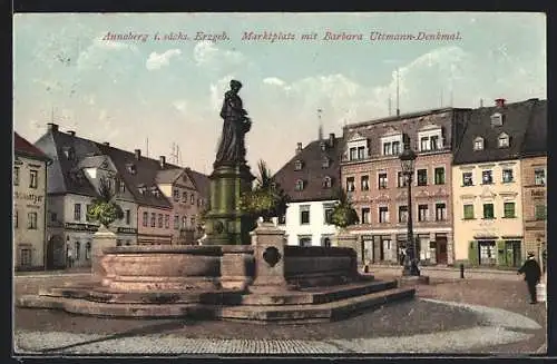 AK Annaberg, Marktplatz mit Barbara Uttmann-Denkmal