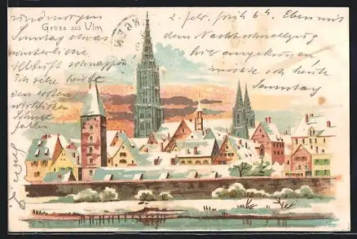 Lithographie Ulm, Winteransicht mit dem Münster