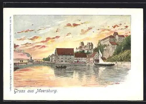 Künstler-AK Meersburg, Seenpanorama an der Küste im Sonnenaufgang