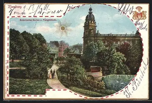 AK Hamburg, Botanischer Garten und Postgebäude im Sonnenschein, Stadtwappen