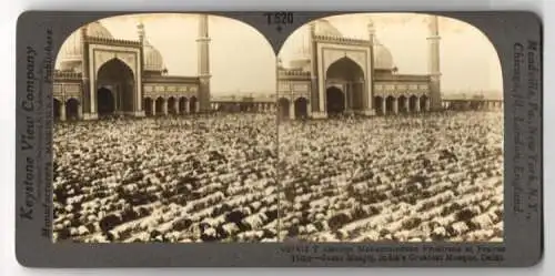 Stereo-Fotografie Keystone View Co., Meadville, Ansicht Delhi, devout Mohammedans Prostrate at prayer Time, Jama Masjid