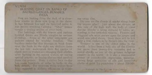 Stereo-Fotografie Keystone View Co., Meadville, Ansicht Benares / Varanasi, burnign Chat on Banks of Sacred Ganges