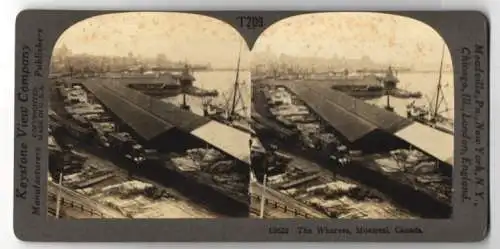 Stereo-Fotografie Keystone View Co., Meadville, Ansicht Montreal, the Wharves, Hafenanlage mit Verladebahnhof