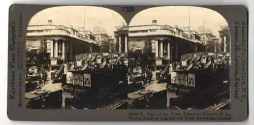 Stereo-Fotografie Keystone View Co., Meadville, Ansicht London, Traffic at the Bank of England and Royal Exchange