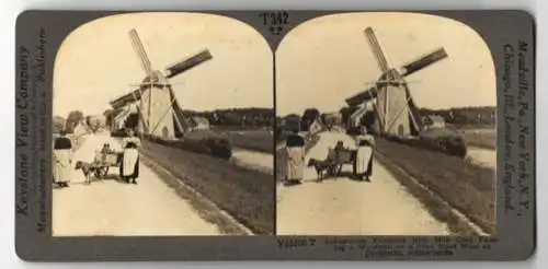 Stereo-Fotografie Keystone View Co., Meadville, Ansicht Dordrecht, a Summer Day on a Dike Road, Windmill