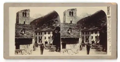 Stereo-Fotografie unbekannter Fotograf, Ansicht Bourg-St.-Pierre, Vaertshus som Napoleon boede, Vej til det store Pas