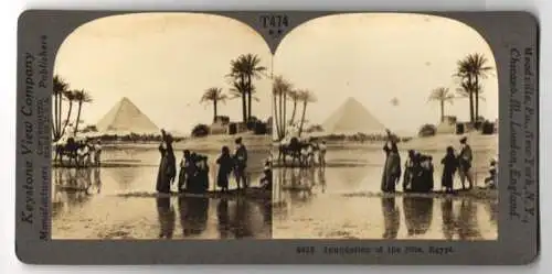 Stereo-Fotografie Keystone View Co., Meadville, Ansicht Gizeh, Inundation of the Nil, Pyramides, native People