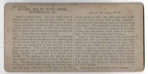 Stereo-Fotografie Keystone View Co., Meadville, Ansicht Pittsburgh / PA., Filling Molds with Steel, Stahlwerk