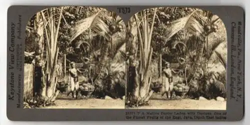 Stereo-Fotografie Keystone View Co., Meadville, Ansicht Java, Native Porter Laden with Durians Fruits