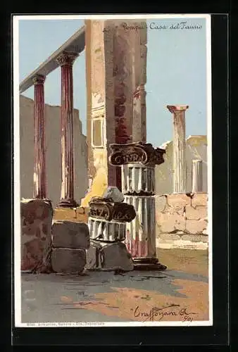 Künstler-Lithographie Pompei, Casa del Fauno, Ausgrabung