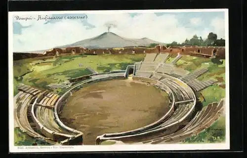Lithographie Pompei, Anifteatro, Ausgrabungstätte