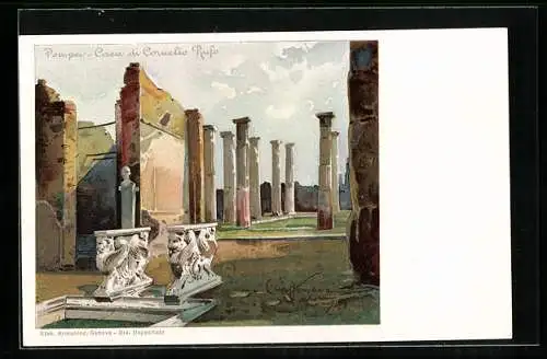Lithographie Pompeji, Casa di Coruelio Rufo, Ausgrabungstätte