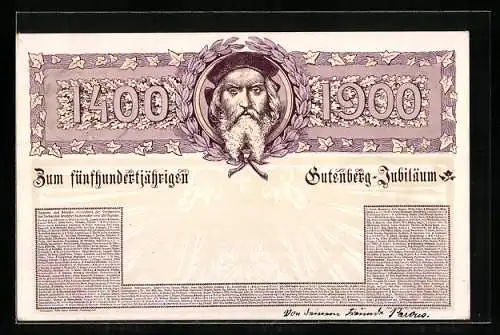 AK Mainz, Zum 500 jährigen Gutenberg-Jubiläum 1400-1900