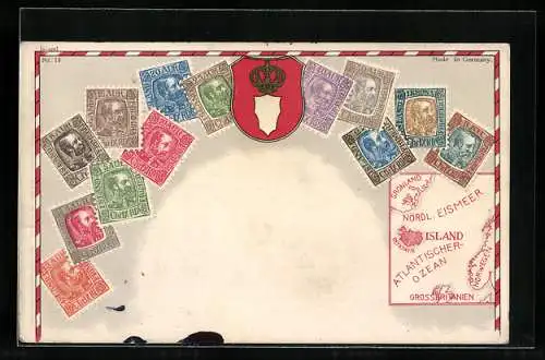 AK Island, Briefmarken, Wappen, Landkarte