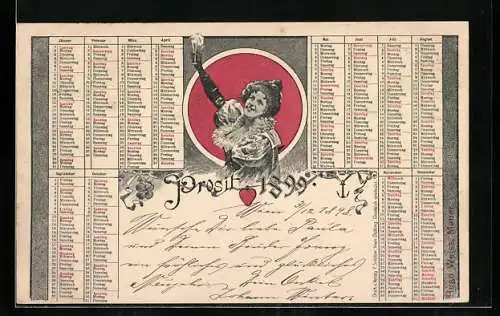 AK Kalender 1899, Dame mit Neujahrsgruss