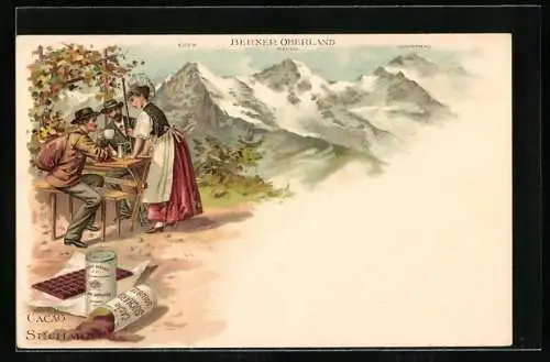 Lithographie Berner Oberland, Cacao Suchard, Rast, Panorama mit Eiger, Mönch und Jungfrau