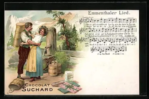 Lithographie Chocolat Suchard, Gebirgslandschaft mit Trachtenpaar und Emmenthaler Lied