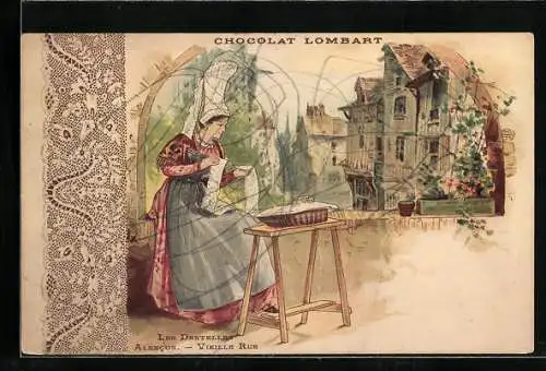 Lithographie Reklame für Chocolat Lombart, Les Dentelles, Vieille Rue d`Alencon