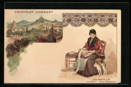 Lithographie Reklame für Chocolat Lombart, Les Dentelles, Le Puy, Vue Generale