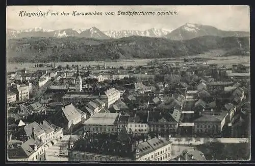 AK Klagenfurt, Blick über die Dächer mit den Karawanken vom Stadtpfarrturm gesehen