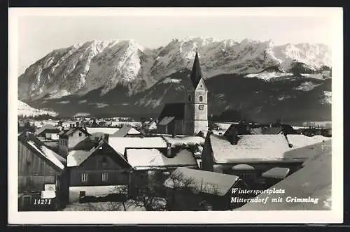 AK Bad Mitterndorf, Ortsansicht mit zentraler Kirche gegen Grimming