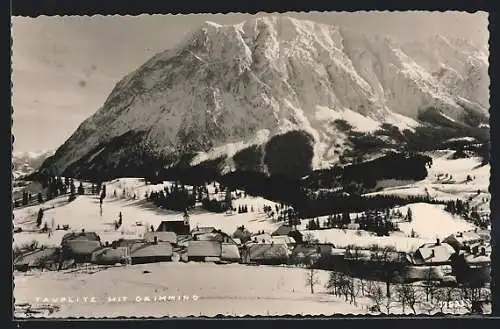 AK Tauplitz, Ortsansicht mit Grimming im Schnee