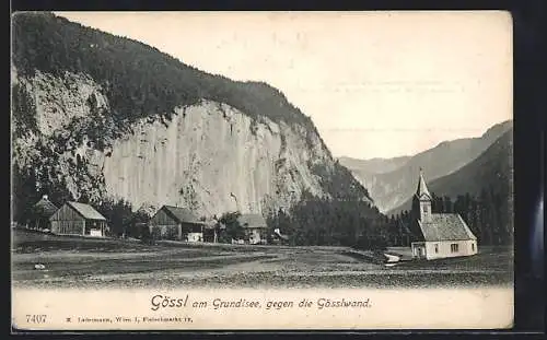 AK Gössl am Gundlsee, Ortspartie mit Blick gegen die Gösswand