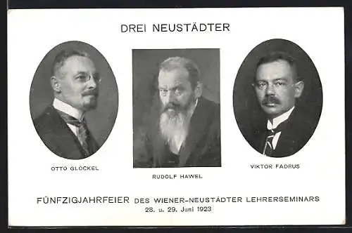 AK Wiener-Neustadt, Fünfzigjahrfeier des Wiener-Neustädter Lehrerseminars 1923, Otto Glöckel u. Rudolf Hawel