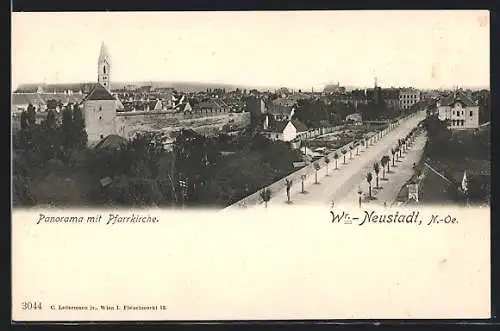 AK Wr.-Neustadt /N.-Oe., Panorama mit Pfarrkirche und Strassenpartie