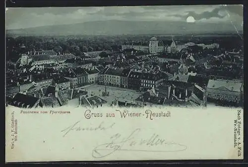 Mondschein-AK Wiener-Neustadt, Panorama vom Pfarrturm