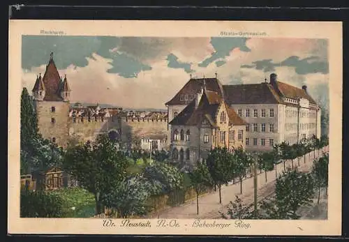 AK Wr.-Neustadt /N.-Oe., Strasse Babenberger Ring mit Reckturm und Staats-Gymnasium