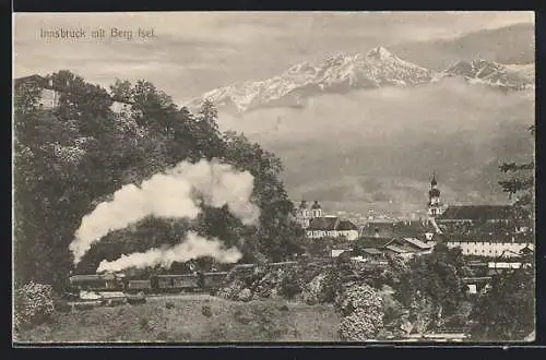 AK Innsbruck, Teilansicht mit Berg Isel und Eisenbahn