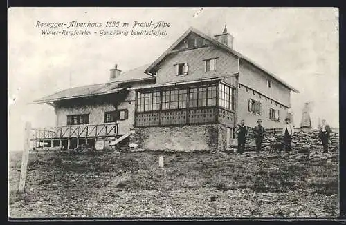 AK Rosegger-Alpenhaus, Gäste vor der Berghütte auf der Pretul-Alpe