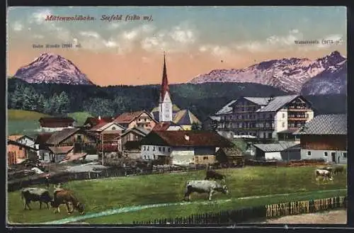 AK Seefeld a. d. Mittenwaldbahn, Ortsansicht mit Kirche und Gebirge im Hintergrund