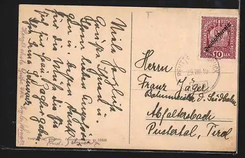 AK Seefeld a. d. Mittenwaldbahn, Ortsansicht mit Kirche und Gebirge im Hintergrund