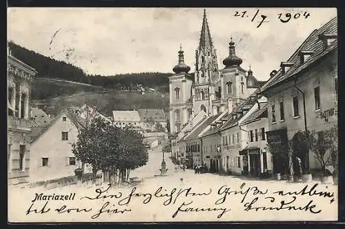 AK Mariazell, Strassenpartie mit Kirche