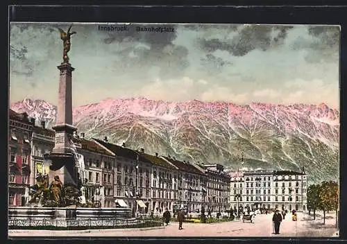 AK Innsbruck, Bahnhofplatz mit Brunnen
