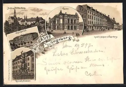 Lithographie Augsburg, Hotel 3 Mohren und Fuggerhaus, Theater, Schloss Wöllenburg, Justizpalast, Herculesbrunnen