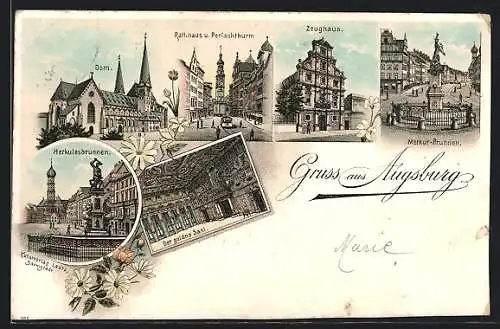 Vorläufer-Lithographie Augsburg, 1895, Der goldne Saal, Herkulesbrunnen, Dom, Rathhaus und Perlachturm, Zeughaus