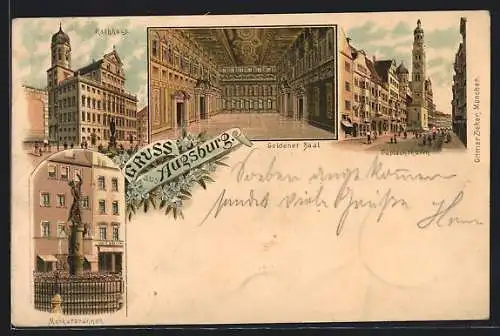 Lithographie Augsburg, Rathhaus, Goldener Saal, Perlachthurm, Merkurbrunnen