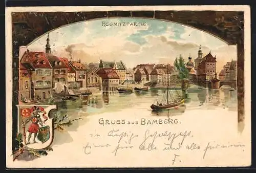 Lithographie Bamberg, Regnitzpartie mit Brückendurchblick, Wappen