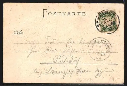 Lithographie Bamberg, Regnitzpartie mit Brückendurchblick, Wappen