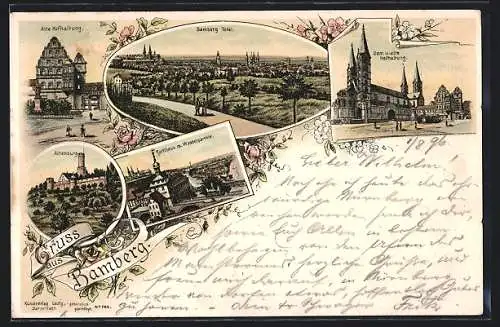 Lithographie Bamberg, Totalansicht, Alte Hofhaltung, Dom, Altenburg