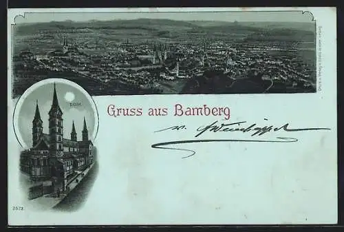 Mondschein-Lithographie Bamberg, Gesamtansicht aus der Vogelschau, der Dom