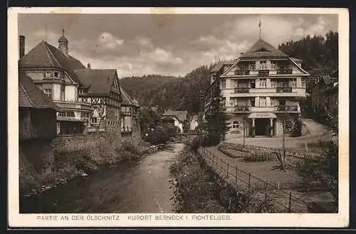 AK Bad Berneck, Partie an der Ölschnitz mit Hotel Bube